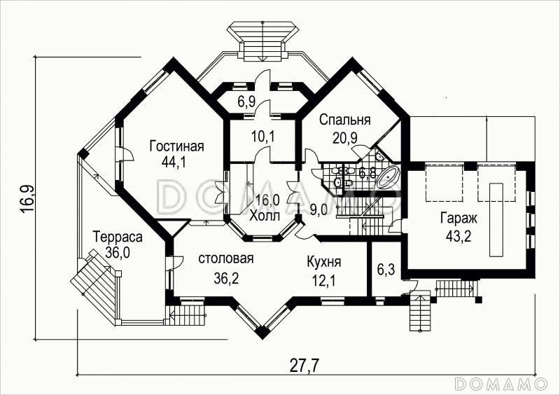 Проект большого дома с оригинальной формой / План 1 этажа