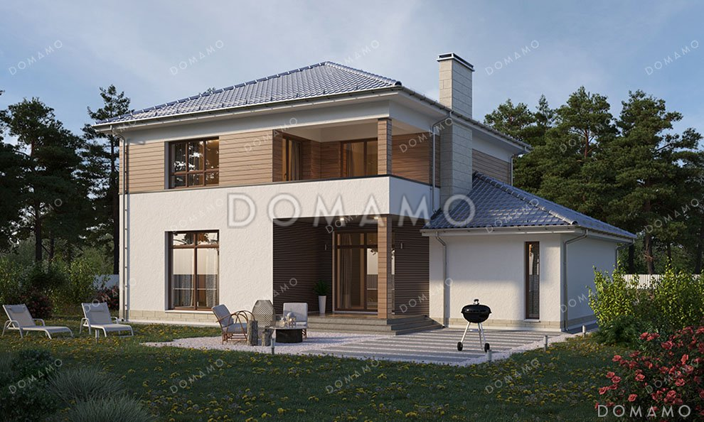 Проект двухэтажного дома с террасой, гаражом и балконом / 2