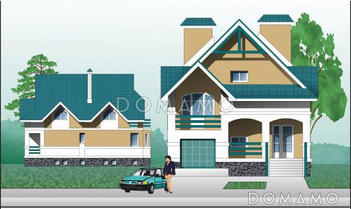 Проект дома из кирпича с мансардой и гаражом / Фасад 1