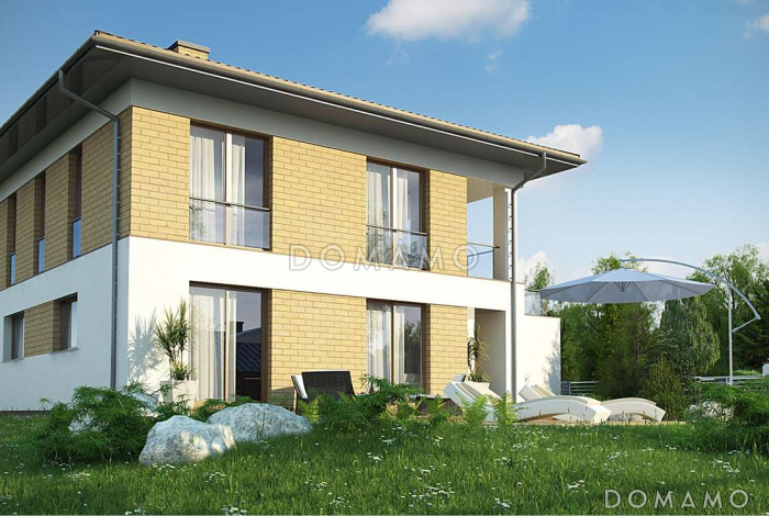 Проект современного двухэтажного дома из кирпича балконом, лоджией и открытой террасой над двухместным гаражом Проект современного двухэтажного дома из кирпича балконом, лоджией и открытой террасой над двухместным гаражом