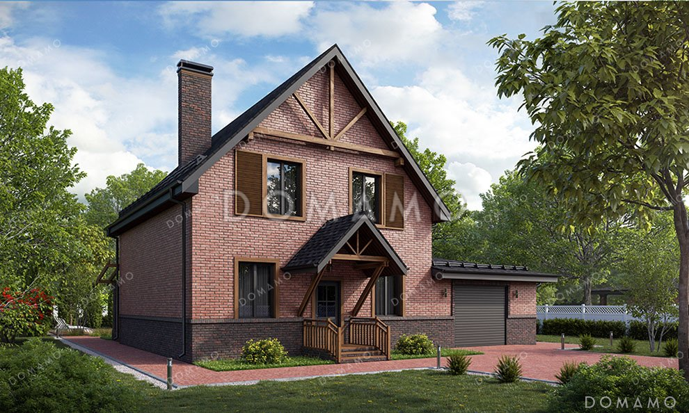 Проект одноэтажного дома с мансардой, гаражом на два автомобиля и большой террасой / 1