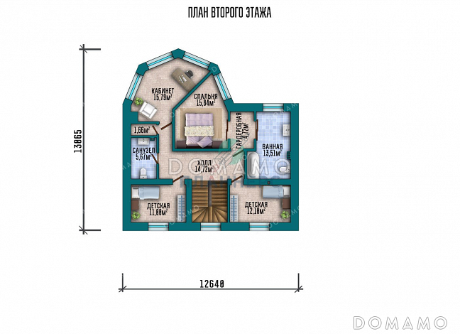 Проект двухэтажного дома с большой гостиной и гаражом на два автомобиля / План 2 этажа Проект двухэтажного дома с большой гостиной и гаражом на два автомобиля / План 2 этажа