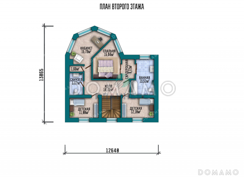 Проект двухэтажного дома с большой гостиной и гаражом на два автомобиля / План 2 этажа