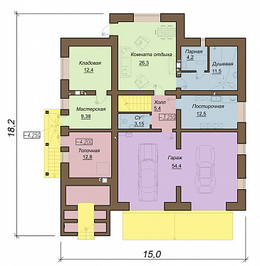 Проект двухэтажного коттеджа с цокольным этажом, гаражом и парной / План цокольного этажа Проект двухэтажного коттеджа с цокольным этажом, гаражом и парной / План цокольного этажа