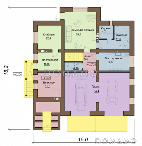 Проект двухэтажного коттеджа с цокольным этажом, гаражом и парной / План цокольного этажа Проект двухэтажного коттеджа с цокольным этажом, гаражом и парной / План цокольного этажа