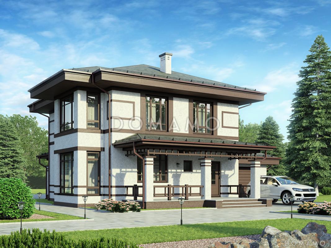 Проект двухэтажного газобетонного дома с гаражом,, масштабным остеклением и двумя террасами / 1