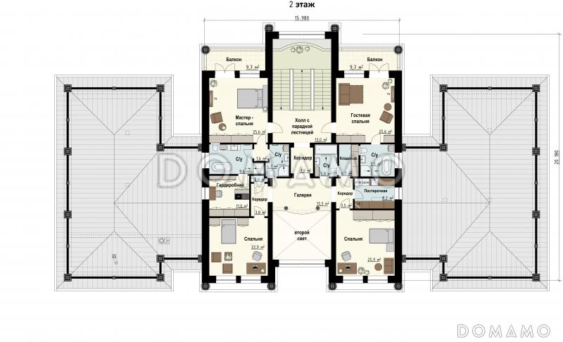 Проект загородного дома с бассейном, комнатами для отдыха и спорта, террасами, большим гаражом, спальнями на втором этаже / План 2 этажа