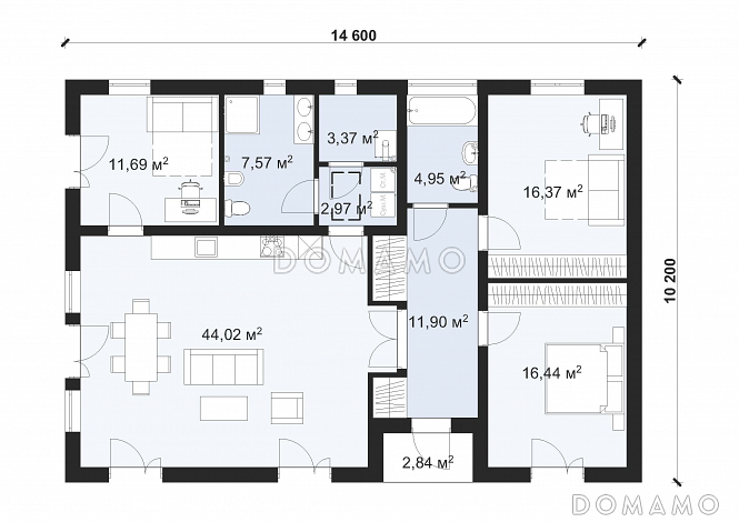 Проект одноэтажного дома с террасой S-119 / План 1 этажа Проект одноэтажного дома с террасой S-119 / План 1 этажа