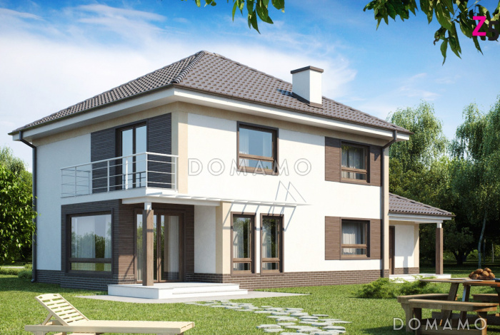 Проект двухэтажного дома из кирпича с эркером и балконом над ним, с тремя спальнями, кабинетом и гаражом