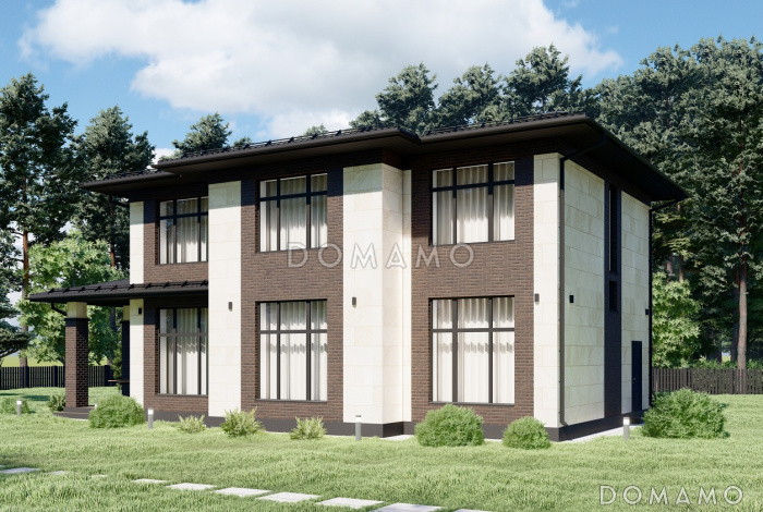 Проект двухэтажного дома с облицовкой камнем в стиле Райт S-221