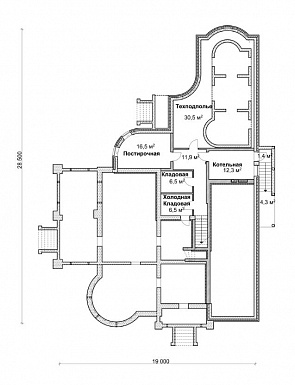 Проект коттеджа с бассейном, зимним садом и гаражом на 2 а/м,  / План цокольного этажа Проект коттеджа с бассейном, зимним садом и гаражом на 2 а/м,  / План цокольного этажа