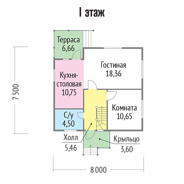 Проект  дома из клееного бруса 8х7 с мансардой / План 1 этажа Проект  дома из клееного бруса 8х7 с мансардой / План 1 этажа