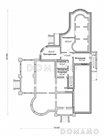 Проект коттеджа с бассейном, зимним садом и гаражом на 2 а/м,  / План цокольного этажа Проект коттеджа с бассейном, зимним садом и гаражом на 2 а/м,  / План цокольного этажа