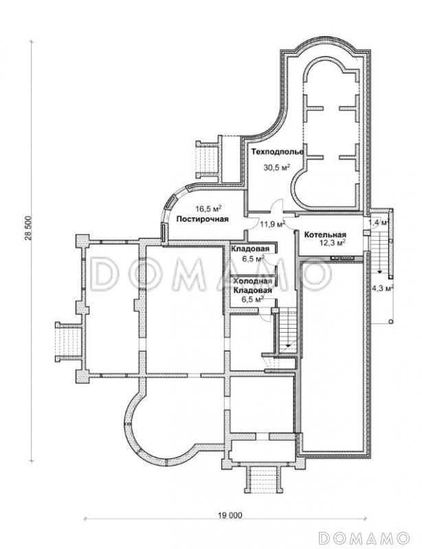 Проект коттеджа с бассейном, зимним садом и гаражом на 2 а/м,  / План цокольного этажа