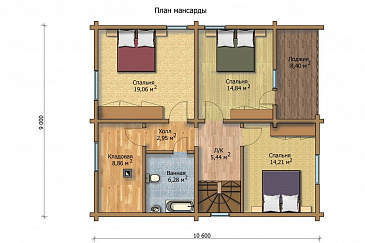 Проект дома из клееного бруса с большой спальней на первом этаже / План мансардного этажа Проект дома из клееного бруса с большой спальней на первом этаже / План мансардного этажа