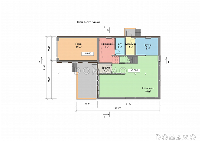 Проект двухэтажного коттеджа с гаражом / План 1 этажа Проект двухэтажного коттеджа с гаражом / План 1 этажа