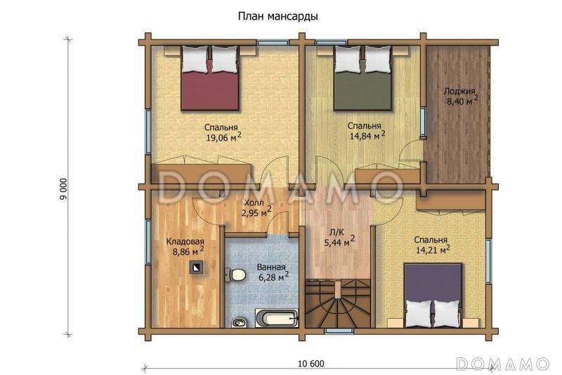 Проект дома из клееного бруса с большой спальней на первом этаже / План мансардного этажа Проект дома из клееного бруса с большой спальней на первом этаже / План мансардного этажа