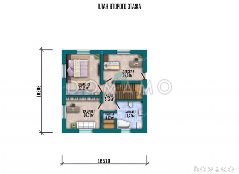 Проект двухэтажного дома с большой террасой, гаражом и подвалом / План 2 этажа Проект двухэтажного дома с большой террасой, гаражом и подвалом / План 2 этажа