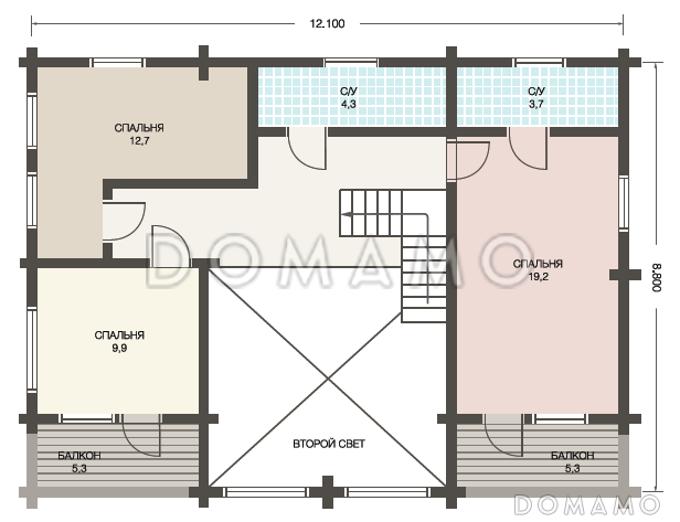 Проект деревянного дома из клееного бруса с просторной, светлой гостиной и техническим помещением с отдельным входом / План 2 этажа