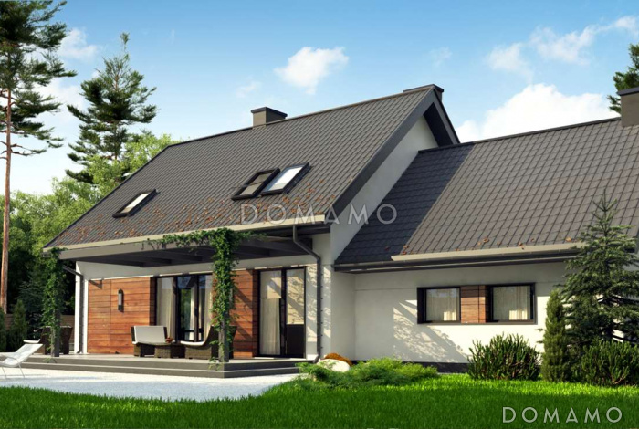 Проект комфортного одноэтажного мансардного дома из кирпича с кабинетом, гаражом и тремя спальнями