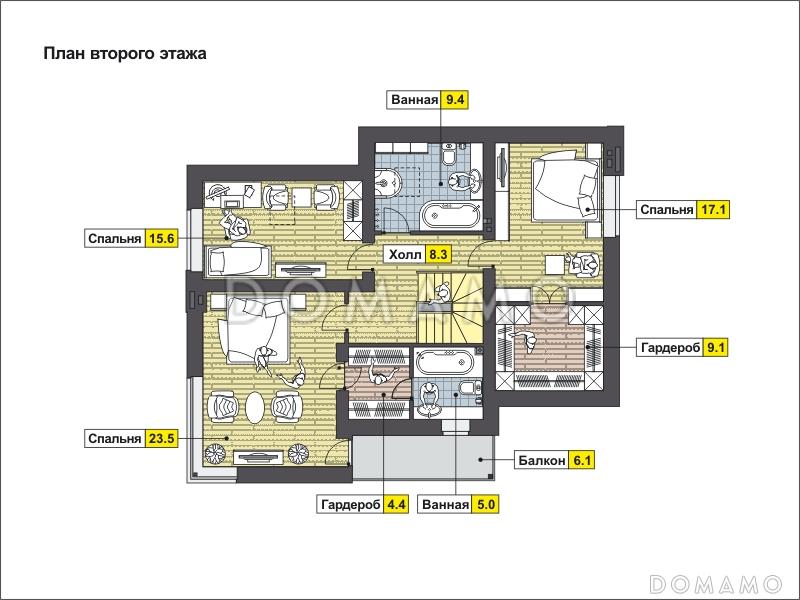 Проект дома с навесом на два автомобиля, гостиной с камином, крытой террасой / План мансардного этажа