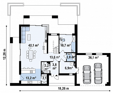 Проект современного двухэтажного дома из кирпича с пятью спальнями, с гаражом для двух автомобилей и террасами на обоих уровнях / План 1 этажа Проект современного двухэтажного дома из кирпича с пятью спальнями, с гаражом для двух автомобилей и террасами на обоих уровнях / План 1 этажа