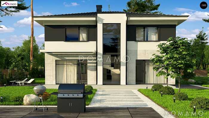 Проект современного двухэтажного дома из кирпича с четырьмя спальнями, кабинетом и большим гаражом