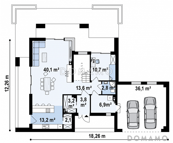 Проект современного двухэтажного дома из кирпича с пятью спальнями, с гаражом для двух автомобилей и террасами на обоих уровнях / План 1 этажа Проект современного двухэтажного дома из кирпича с пятью спальнями, с гаражом для двух автомобилей и террасами на обоих уровнях / План 1 этажа