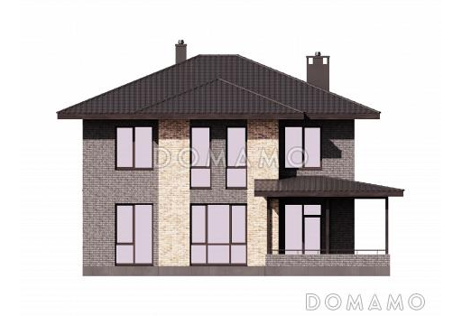 Проект кирпичного двухэтажного дома с кабинетом, 4 спальнями и просторной гардеробной у входа / Фасад 3