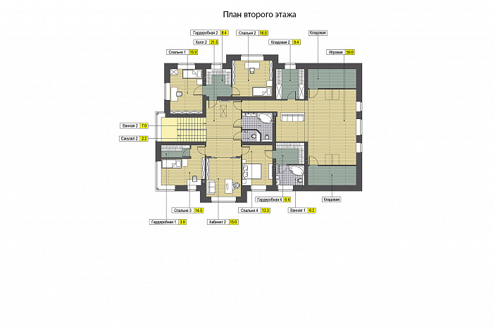 Проект дома с гаражом, двумя открытыми террасами, кабинетами, игровой на втором этаже, кладовыми / План 2 этажа