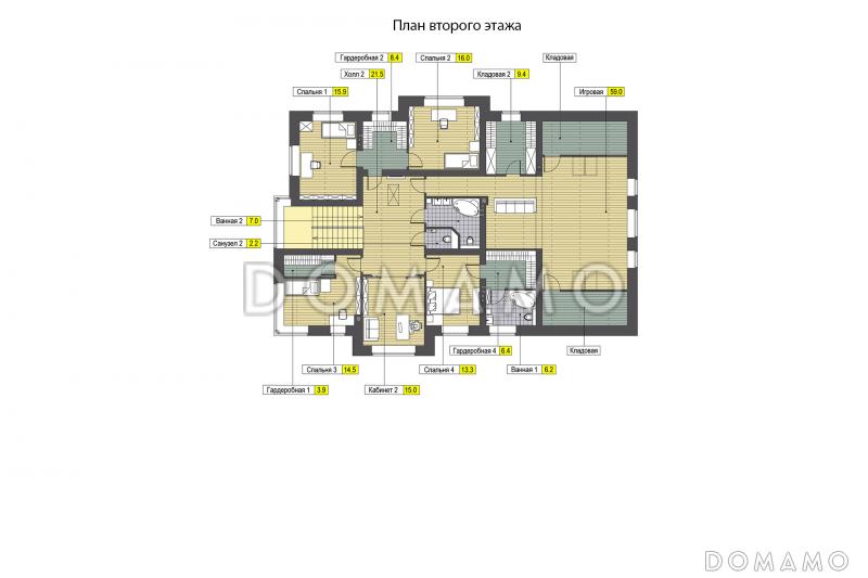 Проект дома с гаражом, двумя открытыми террасами, кабинетами, игровой на втором этаже, кладовыми / План 2 этажа