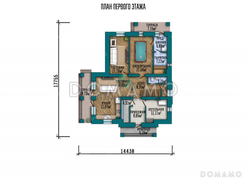Проект одноэтажного дома с мансардой, террасой и сауной / План 1 этажа