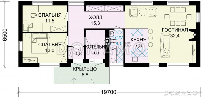 Проект одноэтажного дома из газобетона с большими окнами в гостиной / План 1 этажа