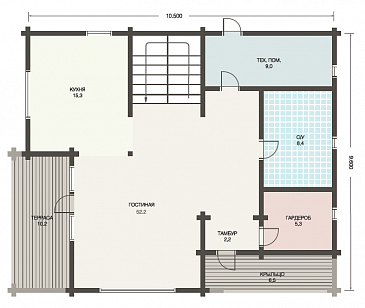 Проект деревянного дома из клееного бруса с гостинной на втором этаже / План 1 этажа Проект деревянного дома из клееного бруса с гостинной на втором этаже / План 1 этажа