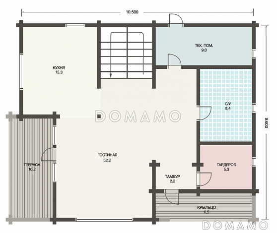 Проект деревянного дома из клееного бруса с гостинной на втором этаже / План 1 этажа Проект деревянного дома из клееного бруса с гостинной на втором этаже / План 1 этажа