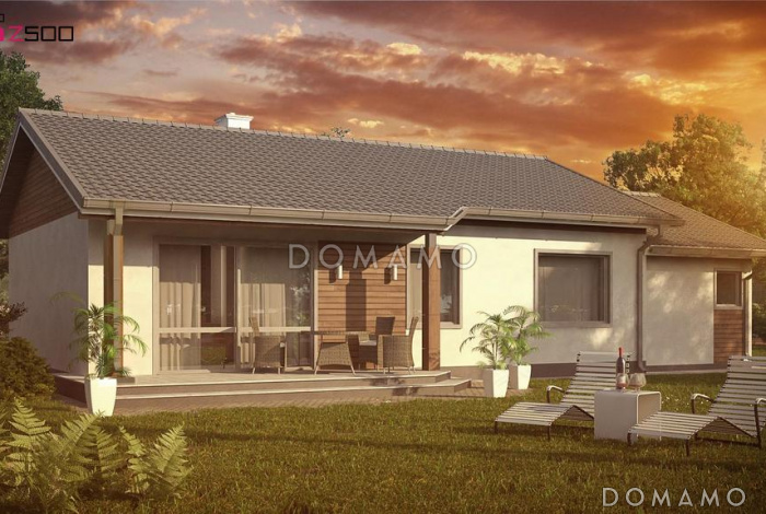 Проект одноэтажного дома с двухскатной крышей, гаражом, ванной с окном