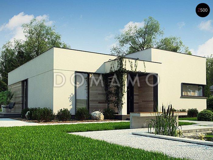 Проект современного одноэтажного дома из газобетона с плоской крышей с тремя спальнями и частично крытой террасой / 1