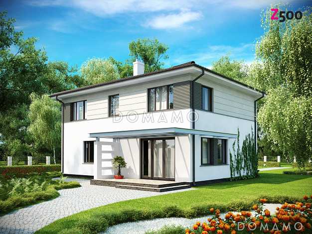 Проект современного двухэтажного дома из кирпича с четырьмя спальнями и гаражом на два автомобиля