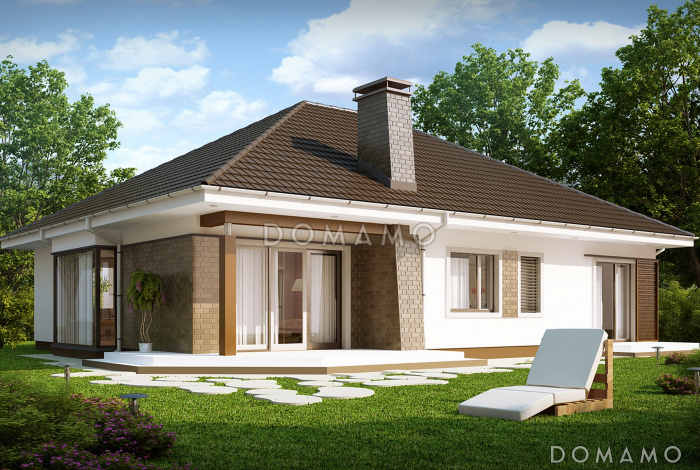 Проект одноэтажного дома из газобетона со стеклянным эркером в столовой зоне, четырьмя спальнями и гаражом Проект одноэтажного дома из газобетона со стеклянным эркером в столовой зоне, четырьмя спальнями и гаражом