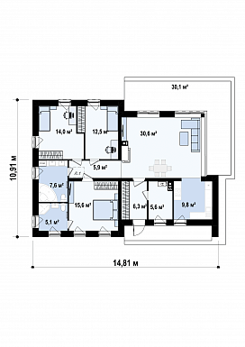 Проект современного одноэтажного дома с плоской крышей из кирпича с тремя спальнями и панорамным остеклением гостиной / План 1 этажа