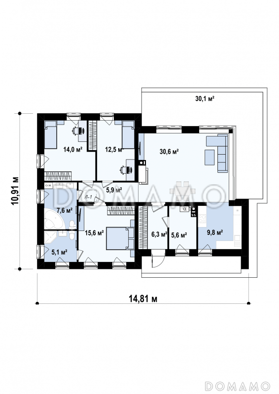 Проект современного одноэтажного дома с плоской крышей из кирпича с тремя спальнями и панорамным остеклением гостиной / План 1 этажа