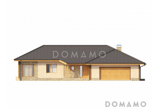 Проект просторного одноэтажного дома из газобетона с фронтальным гаражом на два автомобиля и отделённой зоной сна / Фасад 1