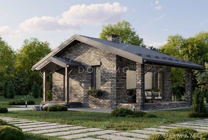 Проект компактной одноэтажной бани в классическом стиле с большой террасой, витражным остеклением и просторной комнатой отдыха Проект компактной одноэтажной бани в классическом стиле с большой террасой, витражным остеклением и просторной комнатой отдыха