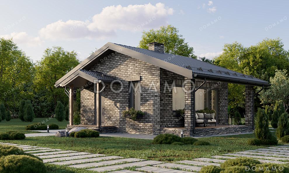 Проект компактной одноэтажной бани в классическом стиле с большой террасой, витражным остеклением и просторной комнатой отдыха / 3