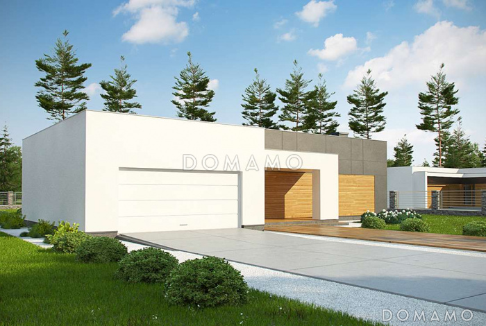 Проект современного одноэтажного дома из кирпича с плоской крышей, с большой угловой террасой и двухместным гаражом Проект современного одноэтажного дома из кирпича с плоской крышей, с большой угловой террасой и двухместным гаражом