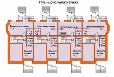 Проект таунхауса на четыре семьи / План цокольного этажа Проект таунхауса на четыре семьи / План цокольного этажа