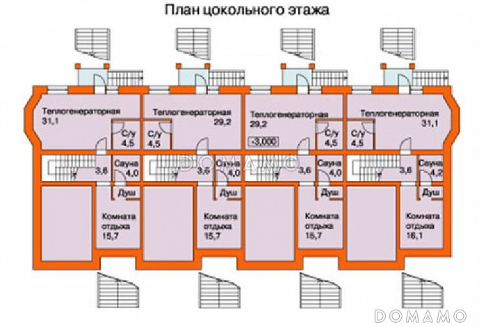 Проект таунхауса на четыре семьи / План цокольного этажа Проект таунхауса на четыре семьи / План цокольного этажа