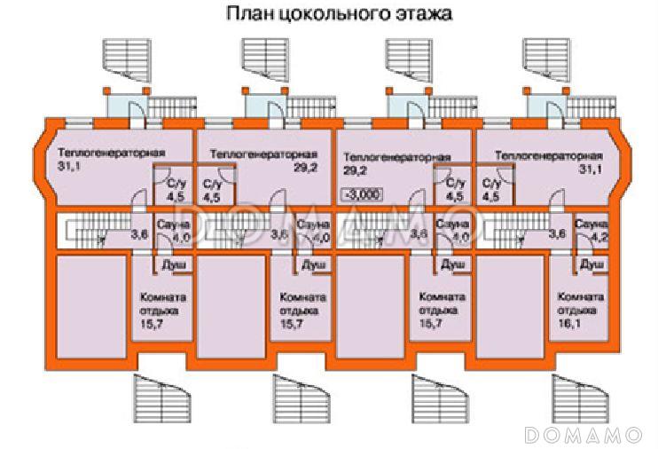 Проект таунхауса на четыре семьи / План цокольного этажа