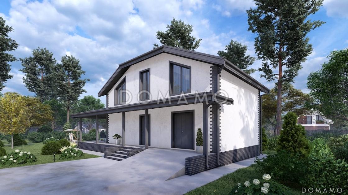 Проект мансардного дома с сауной, летним душем и большой крытой террасой / 1