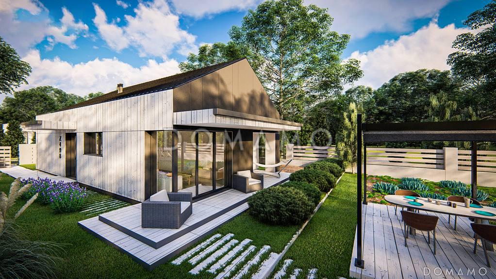 Проект одноэтажного загородного дома небольшой площади с гаражом, двумя спальнями с большими окнами / 1